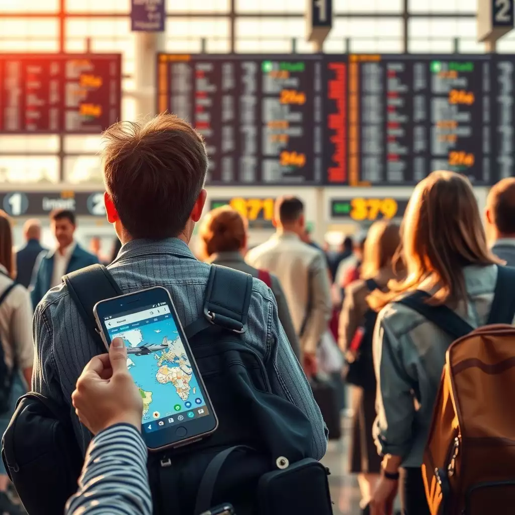 A bustling airport terminal filled with travelers checking in, looking at flight boards, and using digital devices to explore travel deals and guides, capturing the excitement of air travel and smart booking strategies.