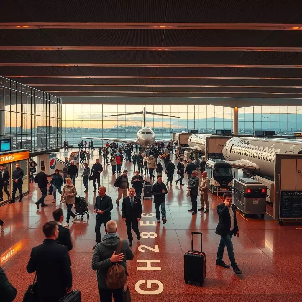 A bustling airport terminal during early morning, showcasing travelers in motion, modern aircraft, and an atmosphere of excitement and spontaneity.
