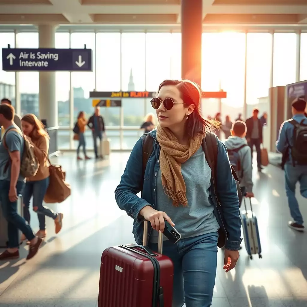 Dynamic scene of an air courier traveler navigating a busy UK airport, with vibrant colors, active travelers, affordable luggage options, and glimpses of iconic landmarks through terminal windows.