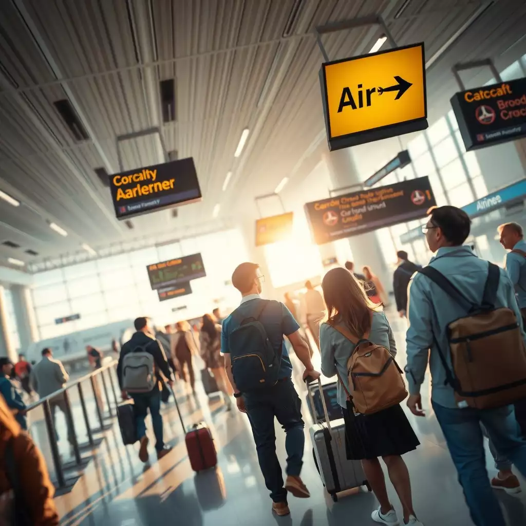 A bustling airport terminal scene featuring travelers in motion, friendly courier representatives, and airline signage, capturing the excitement of air courier travel.
