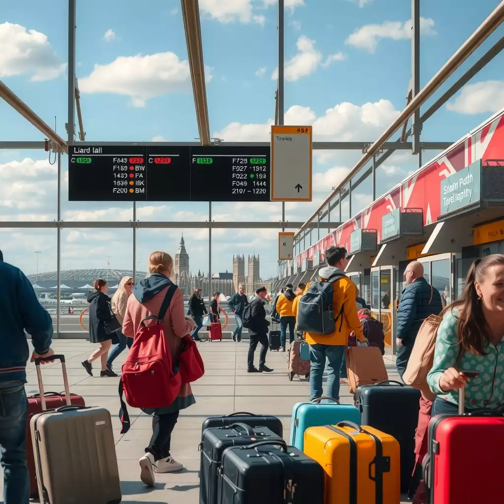 A vibrant airport scene in the UK, featuring travelers checking in, luggage being loaded, and iconic landmarks in the background, capturing the excitement of air travel.