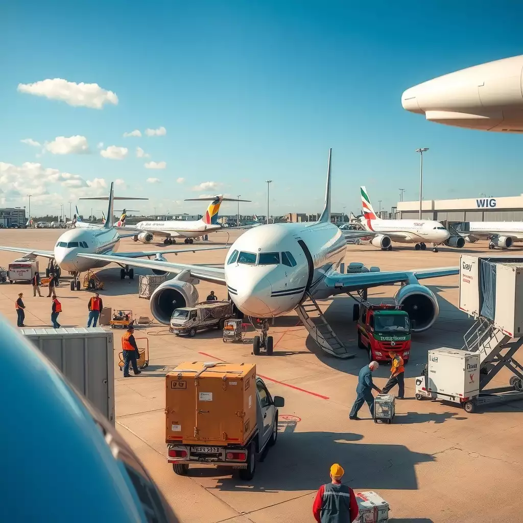 A busy airport scene showcasing air courier services, featuring aircraft preparing for takeoff, delivery personnel loading cargo, and advanced logistics technology in action.