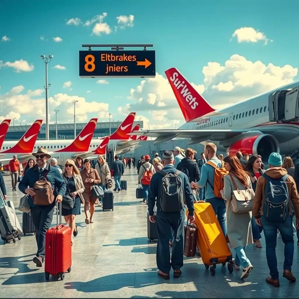 A vibrant airport scene featuring travelers boarding budget airlines, showcasing colorful airline branding, luggage, and the energetic atmosphere of air travel.