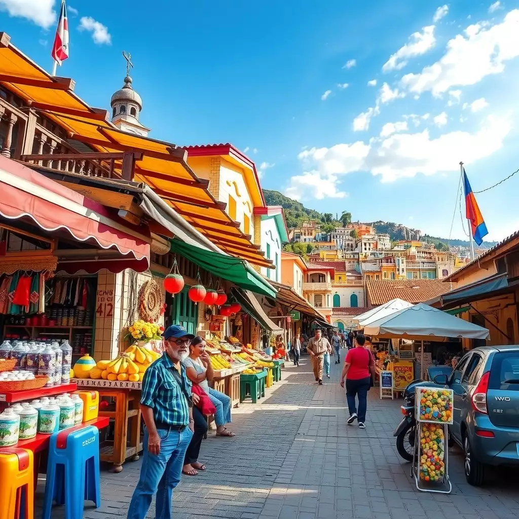 A vibrant collage of budget-friendly travel destinations, featuring lively local markets, scenic landscapes, and unique cultural experiences in a rich color palette.