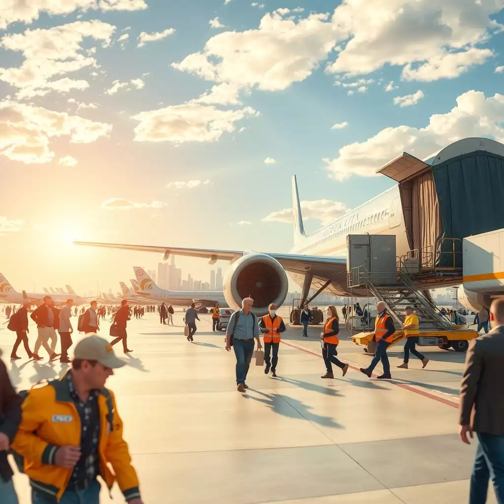A bustling airport scene featuring cargo planes being loaded, busy couriers in motion, and city skylines in the background, capturing the energy and excitement of air travel.