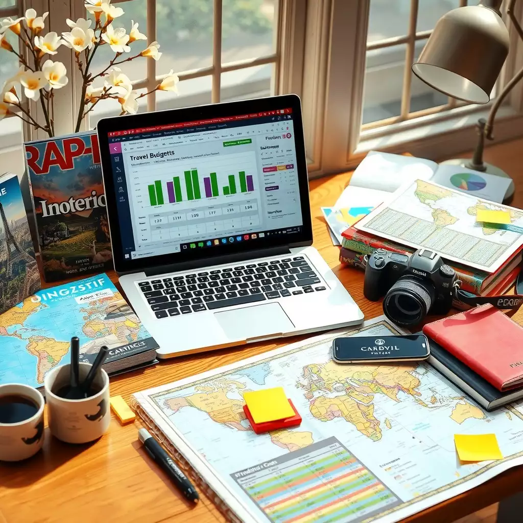 A vibrant travel budgeting workspace featuring a laptop with a spreadsheet, colorful sticky notes, travel guides, a detailed map, and a cup of coffee, all arranged to inspire planning for future adventures.