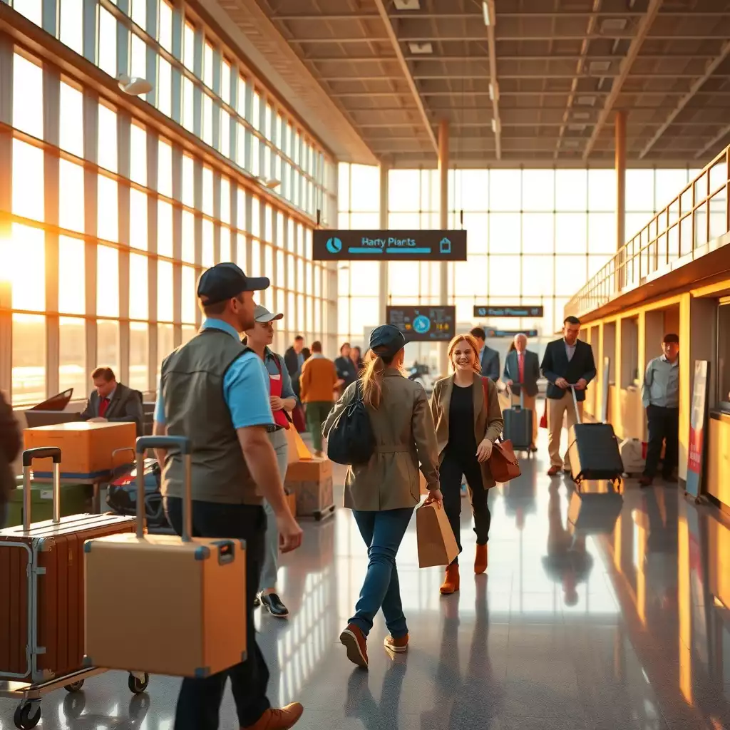 A busy airport terminal scene depicting air courier operations, featuring couriers in action, organized cargo areas, and various packages ready for shipment, all under bright natural light.