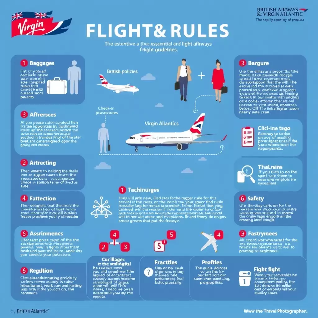 Infographic illustrating essential flight rules and guidelines for British Airways and Virgin Atlantic couriers, featuring vibrant colors, icons, and clear sections on baggage policies, check-in procedures, and safety regulations.