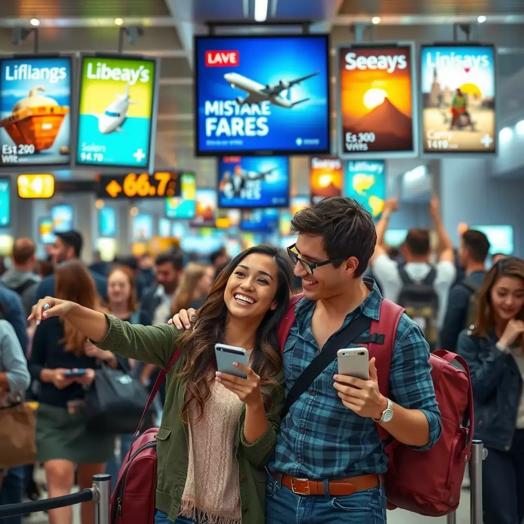 A vibrant airport terminal filled with excited travelers checking devices for flight deals, with a couple discussing their next adventure amidst colorful travel posters.