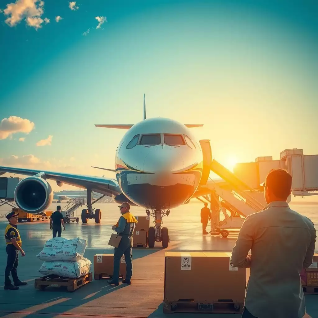 A busy airport terminal scene showcasing travelers with luggage, courier documents, and an atmosphere of excitement and opportunity in air travel logistics.