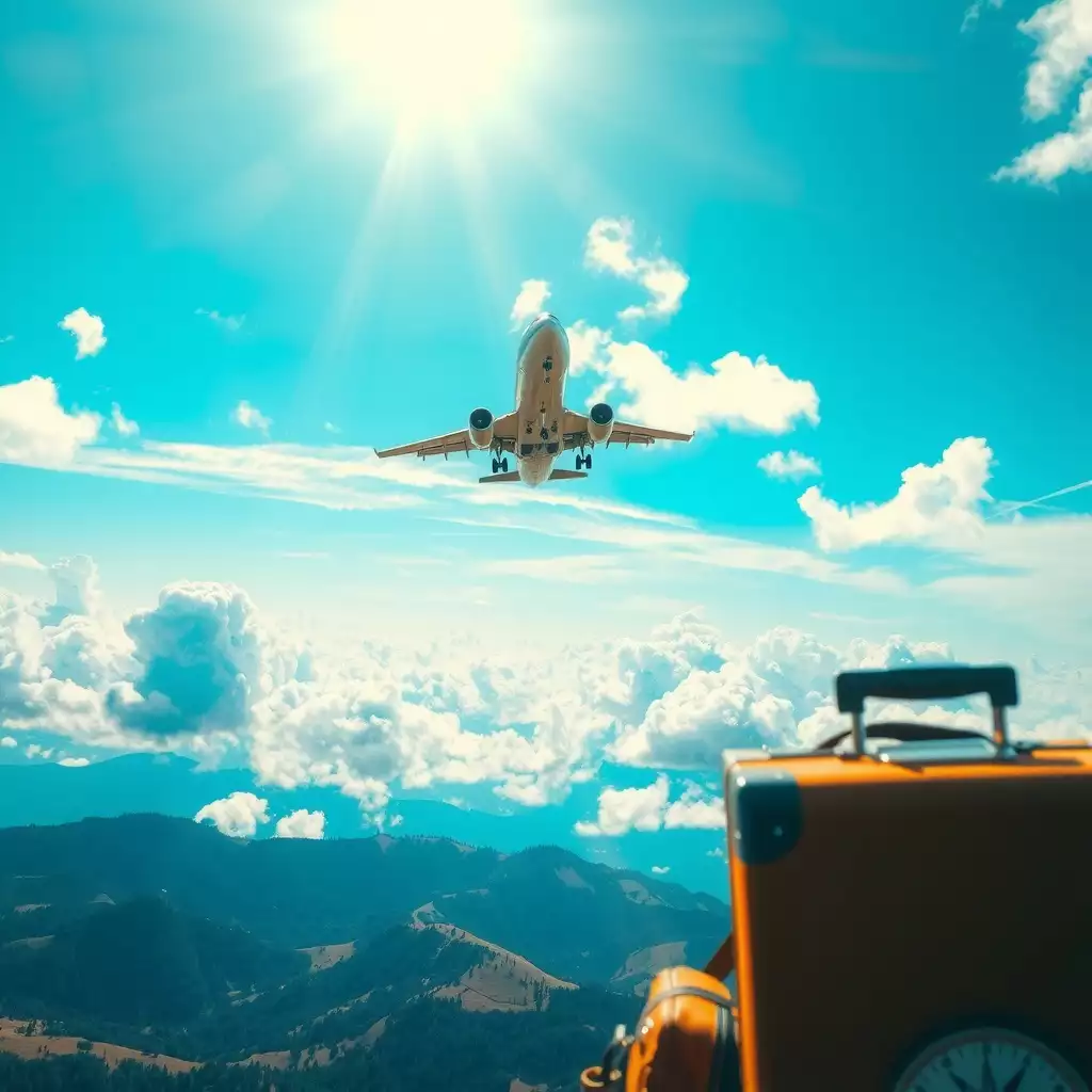 An airplane flying high above fluffy clouds, surrounded by picturesque landscapes, with travel elements like luggage and a compass in the foreground.