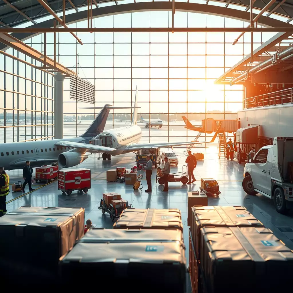 A bustling air courier hub with delivery personnel managing packages, advanced aircraft on the tarmac, and a vibrant atmosphere showcasing logistics and connectivity.