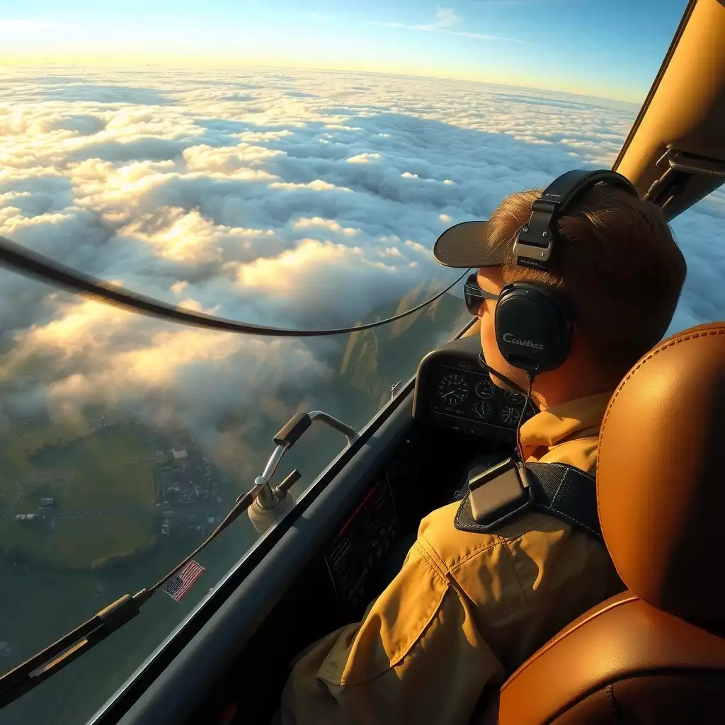 A courier pilot in the cockpit flying over rolling British landscapes, with iconic landmarks visible below and soft golden sunlight filtering through clouds, capturing a sense of adventure and freedom in the skies.