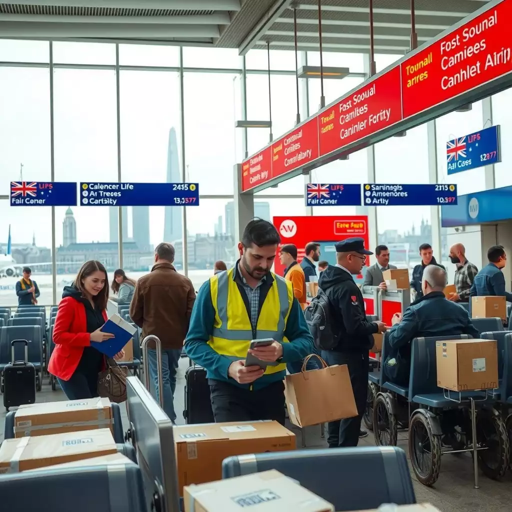 A busy airport terminal in London filled with air couriers preparing packages for international flights, featuring vibrant signage and diverse individuals engaged in their work, capturing the dynamic nature of the air courier profession.