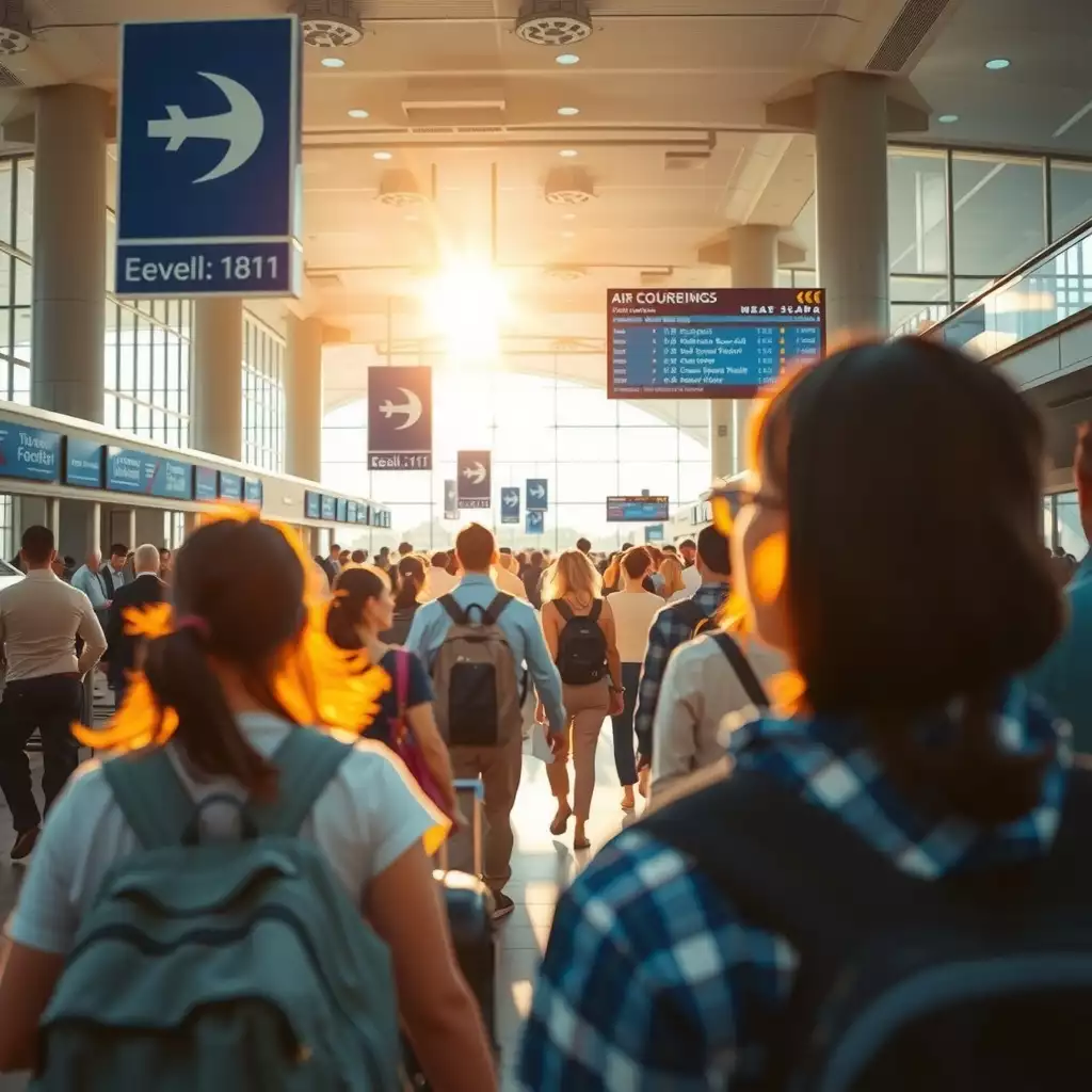 A bustling airport scene featuring travelers in motion, check-in counters, security lines, and cargo areas, capturing the dynamic energy and vibrant colors of the airport environment.