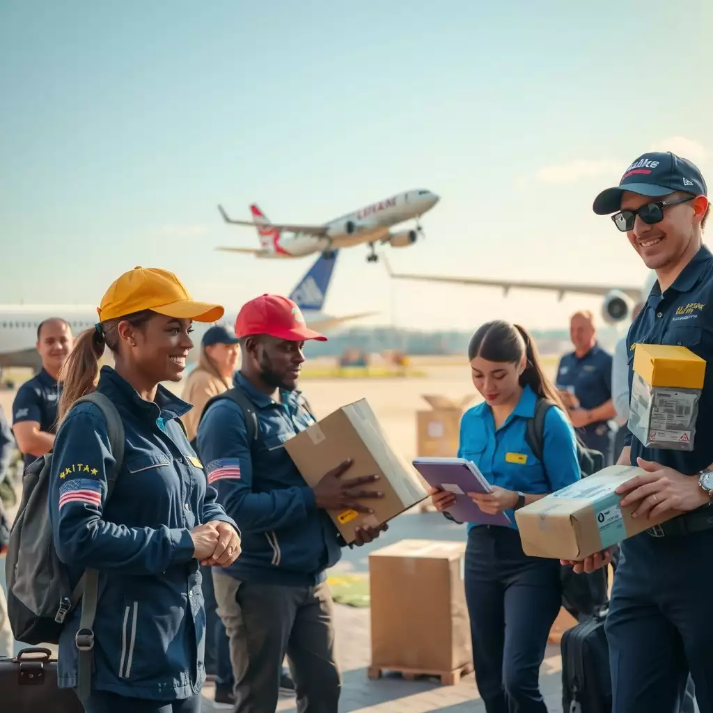 A diverse group of air couriers in action at an international airport, preparing packages and interacting with airline staff, showcasing professionalism and global connectivity.