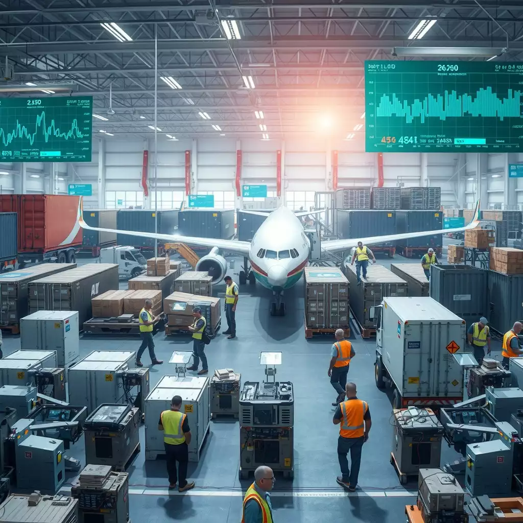 A busy air cargo hub showcasing workers and machinery amidst modern technology, highlighting the contrast between traditional operations and digital advancements.