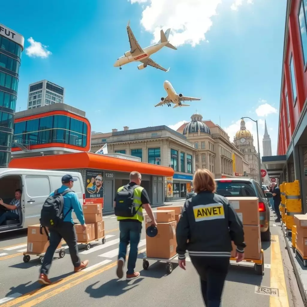 A dynamic urban scene featuring a modern air courier service in action, showcasing delivery personnel, packages being processed, and a cargo plane taking off against a clear sky, emphasizing efficiency and speed.