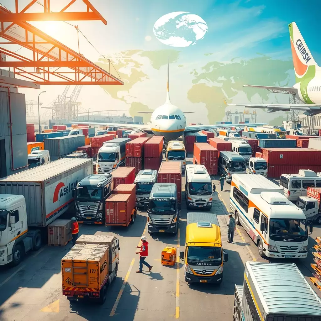 A bustling global logistics hub showcasing diverse delivery vehicles, busy personnel coordinating shipments, and a backdrop of shipping containers and world maps, illustrating the interconnectedness and efficiency of international courier services.